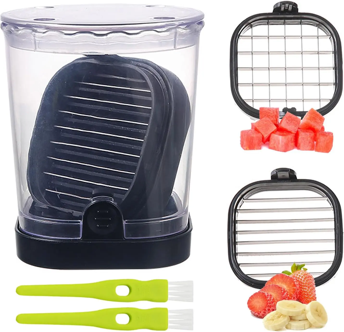 2-in-1 Detachable Fruit Slicer & Dicer Stainless Steel Strawberry Slicer with Lid Includes 2 Food-Safe Blades for Slicing & Dicing Versatile Food Prep Space-Saving Design