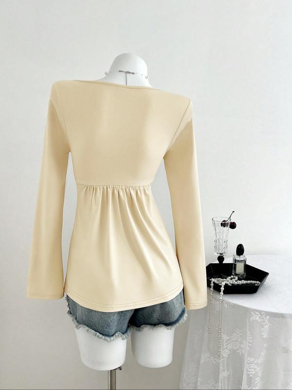 26 Valentine's Day Autumn/Winter Shot Pure Desire Style Casual Fashion Apricot Square Neck Chest Wrinkled Doll Shirt Long Sleeve Women's T-shirt