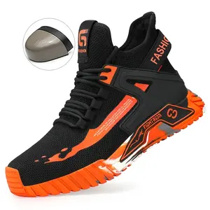 Shoes for Gentlemen High-Top Safety Shoes with Steel Toe - Puncture-Resistant, Anti-Slip Work Sneakers for Men and Women, Breathable Mesh Upper, Durable Rubber Sole, Fashionable Black and Orange Design, Outdoor Footwear|Trendy Safety Footwe