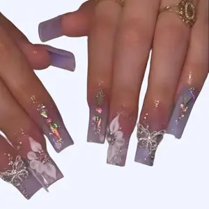 Press on Nails Long Square Fake Nails Purple Gradient Glossy False Nails Full Cover Glue on Nails with Butterfly Rhinestone Designs Artificial Spring Acrylic Squoval Nails Kit Stick on Nails