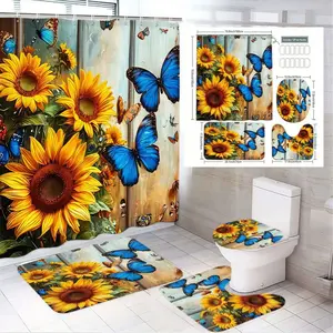 1/4pcs Sunflower & Blue Butterfly Bathroom Set, Shower Curtain with Wooden Panel Background, Toilet Lid Cover, 2 Bath Mats, Bathroom Accessories Set - Cozy Spring Summer Bathroom Decor for Bedroom, Guest Room, Housewarming Gift
