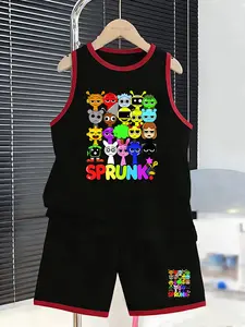 Summer Boys' Sports Set, Sprunk Cartoon Character Collection, Sleeveless Vest & Short Pants Two-Piece, Breathable Comfort, Casual Style