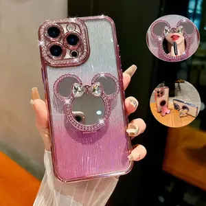 Luxury electroplated edge diamond cute inlaid stone diamond touch-up mirror 360-degree rotating stand shockproof phone case iPhone 17 16 14 15 14 13 12 11 Pro Max Plus women's first choice, dazzling gradient protective case