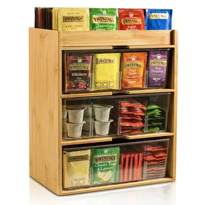 Tea Bag Organizer - Bamboo Tea Storage Organizer With Drawer 3 Layer, Tea Organizer for Tea Bags Natural Wood & Acrylic for Countertop Office Kitchen Cabinet Pantry
