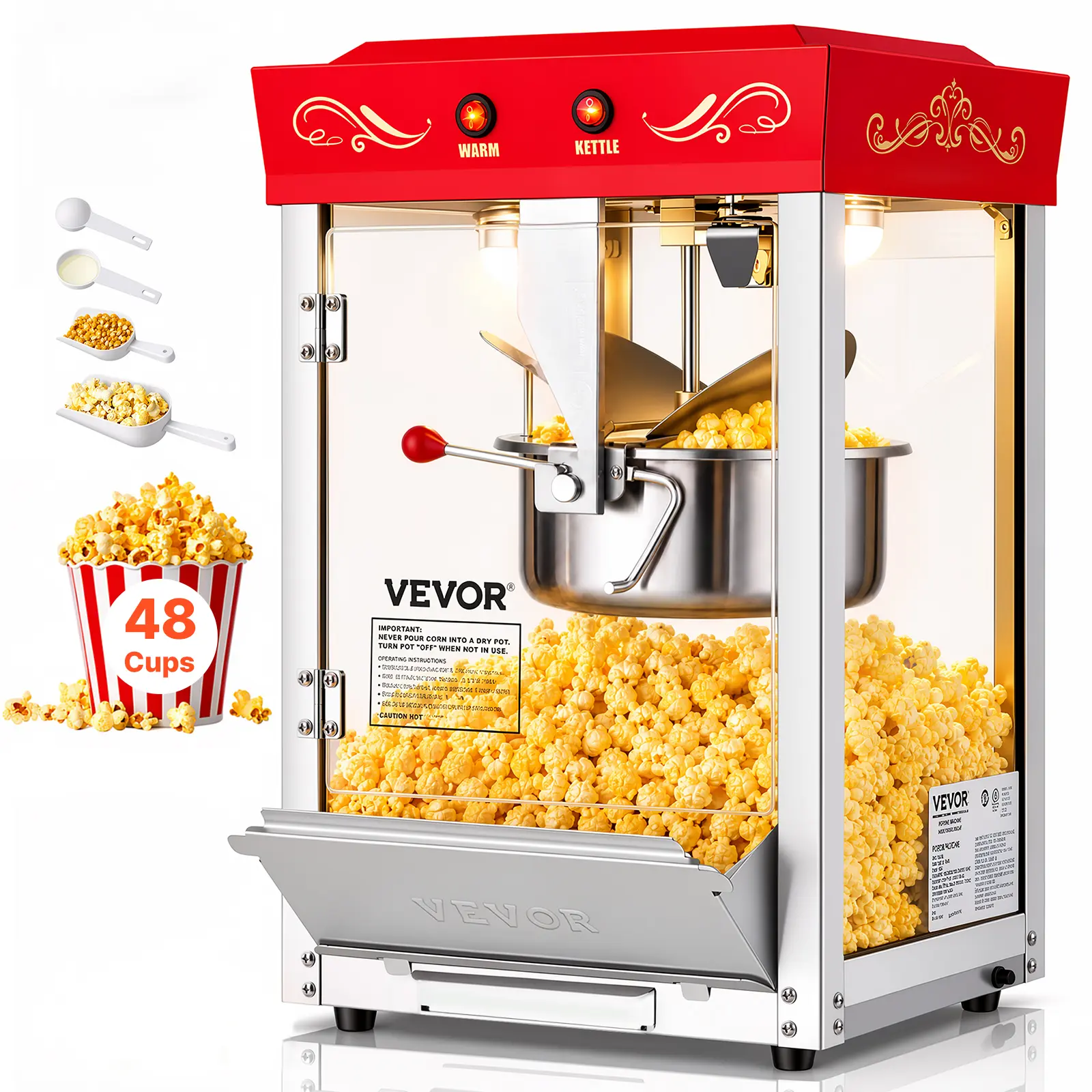 VEVOR Commercial Countertop Popcorn Machine, 8oz Stainless Steel Kettle, 800W Countertop Size Popper with Batch Popping (48 Cups per Batch), 2-Button Control, Glass Wall Door, 1 Scoop & 3 Spoons, Red for Commercial Users