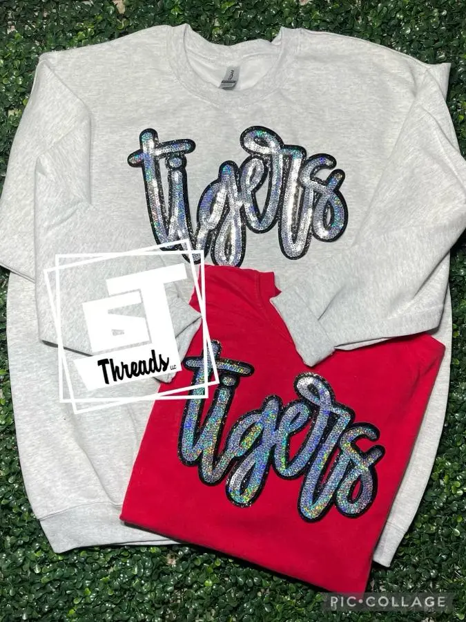 Cursive Sequin Tigers Shirt - Long Sleeve Medium Length Casual Top with Sparkle Tiger Design for Summer Game Day