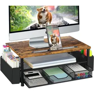 Wood Desk Organizers and Accessories, 2-Tier Computer Monitor Stand Riser with Drawer, Pen Storage & Phone Holder, Workspace Desktop Organization for Office Supplies (Brown)