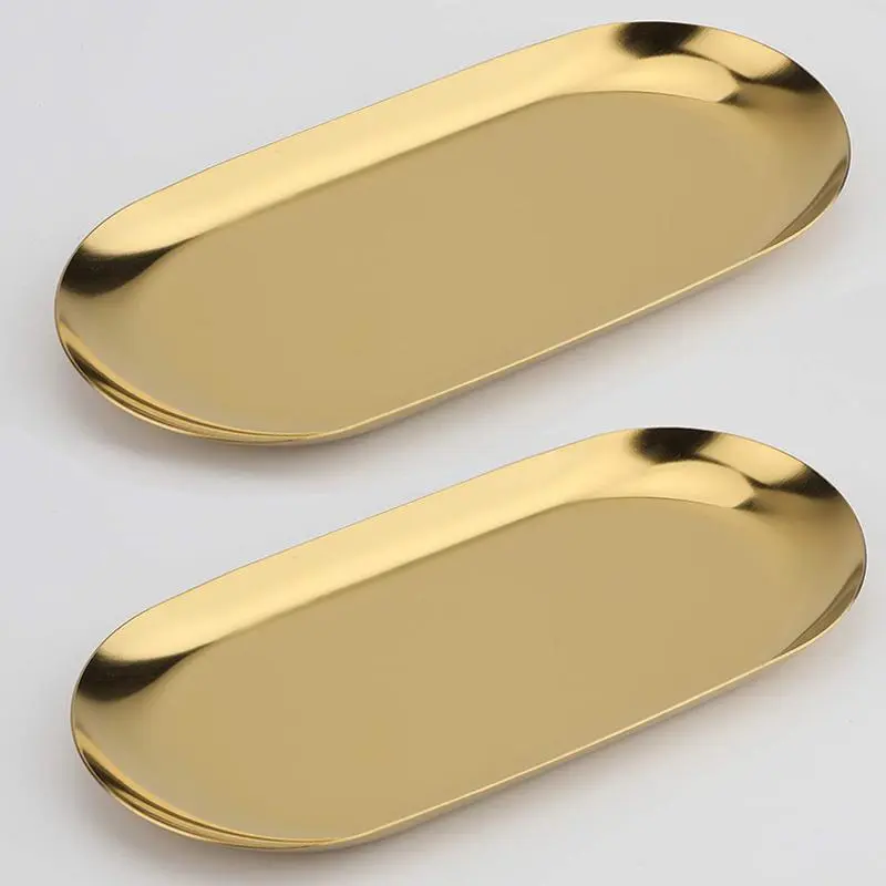 Stainless Steel Decorative Tray, 17.78 cm Long, Jewelry And Cosmetics Organizer, Modern Bathroom Accessories, Bathroom Decorations, Small Storage Tray, Oval Shape, Bathroom Essentials Accessories, Bathroom Decor Supplies, Available in Golden And Silver