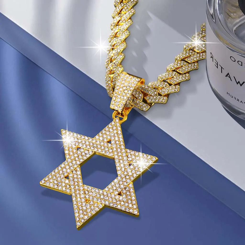 Hexagram Star Iced Out Cuban Link Necklace Miami Cuban Pendant Bling Rhinestone Hip Hop Jewelry Chain for Men Women Daily Party Holiday Gift