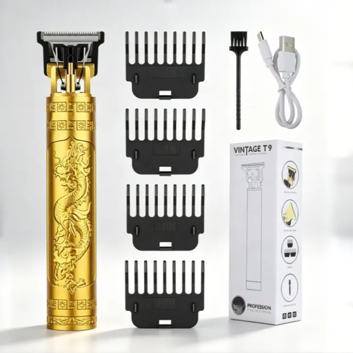 LQT Vintage T9 Gold Dragon Embossed Zero Gap T-Blade Hair Trimmer, USB Cordless Rechargeable Detail Edging Clipper Kit with 1.5/2/3/4mm Guide Combs & Cleaning Brush, Professional Hairline Outline Shaping Tool for Barbers & Men Home Grooming