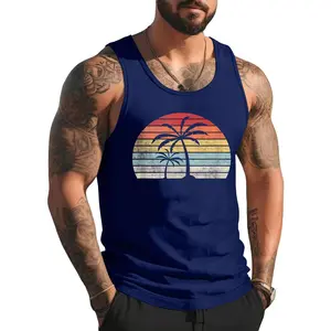 Vintage Retro Palm Tree Shirt Tropical Beach Summer Vacation Tank Top, Graphic Sleeveless Muscle Workout, Casual Knitted Slim Fit Beach Tank top, Summer Menswear