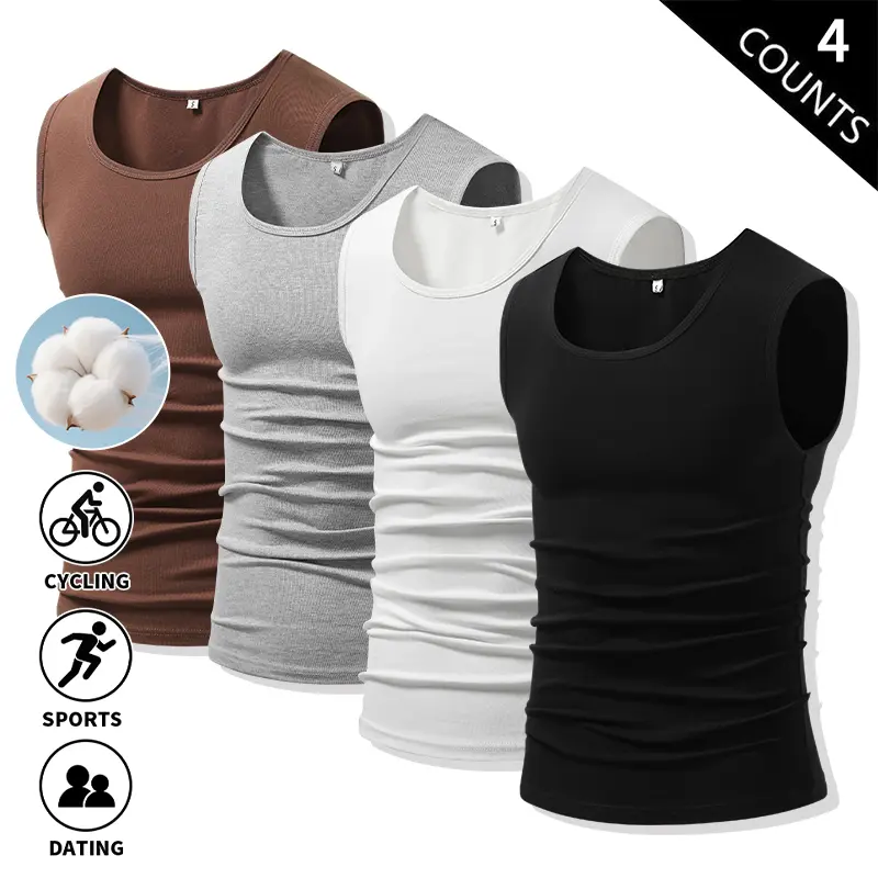 Men’s 4-Pack Cotton Ribbed Tank Tops – Sleeveless Undershirts, Stretch Fit, for Workouts/Gym/Cycling, Basic Everyday Layering Vests