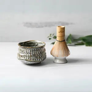 AprikaLife White Ceramic Meisen Matcha Bowl Set with Bamboo Whisk & Holder Handcrafted in Japan for Traditional Tea Ceremonies