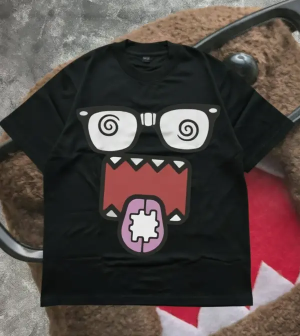 Fun Edgy Unisex Summer Oversize Cotton Tee | Dizzy Swirl Glasses Monster Cartoon Face Puzzle Tongue Print, For Skate Street Music Festival Casual Outfits, Soft Breathable Heat Transfer Loose Fit