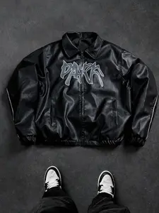 American high-street PU leather jacket featuring a turn-down collar, DARK graffiti letter print, back/sleeve tie-dye contrast design, premium glossy leather with reinforced stitching for durability and abrasion resistance—perfect for everyday wear and tre