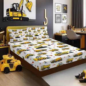 Full Size Bed Sheets Boys Full Car Fitted Sheet Cartoon Excavator Truck Lifter Bedding 3D Printed Washable Machines Sheets with 1 Fitted Sheet + 2 Pillowcases