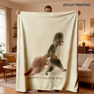 A Punch Monkey "Ultimately I Have to Be Brave", 2D Flat, Ink Wash Style Courage Themed Flannel Blanket - Soft, Lightweight, Suitable for Bedroom, Holiday Decoration- Ideal for Bed, Sofa, Office, Camping