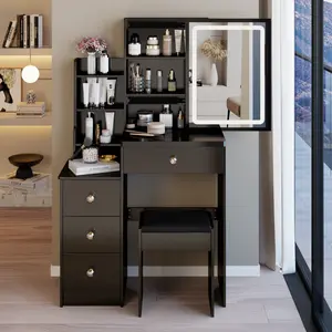 29.2" x 12.6" x 50.4"Small Size Left Bedside Cabinet Vanity Table + Cushioned Stool, Large Sliding, Touch Control, Tri-color Switching, Brightness Adjust LED Mirror, High Capacity Storage, Suitable for Small Space