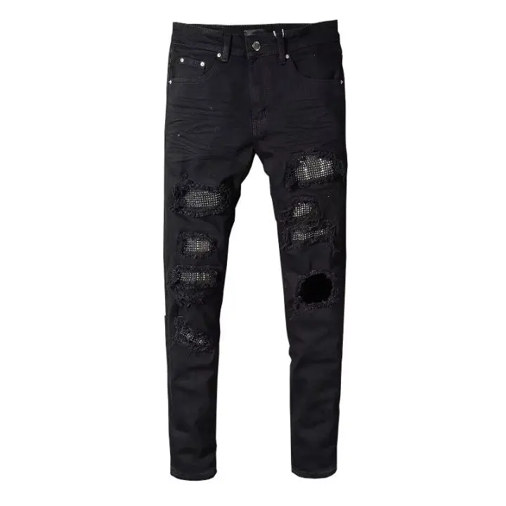 Slim Fit Embellished Men's Jeans with Rhinestone Patches, Versatile Ripped Street Wear for All Seasons, Denim, Distressed Rips, Streetwear Edge, Fitted Fit Men's Jeans