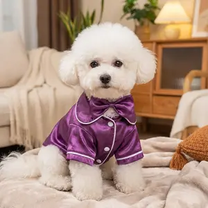 Cute Pet Pajama Set with Bow Headband Cozy Silk Pajamas for Teddy Bichon Pomeranian & Bulldog Soft Puppy Cat Sleepwear for Comfortable Nights Purple