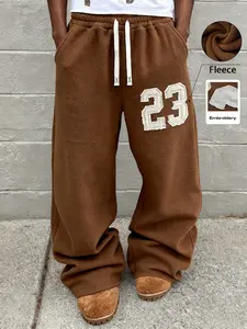 Unisex Fleece Lined Casual Pants, Fall Winter Streetwear, Loose Wide Leg, Drawstring, Soft Fleece Fabric, Embroidery, Trendy Leisure Wear, Party