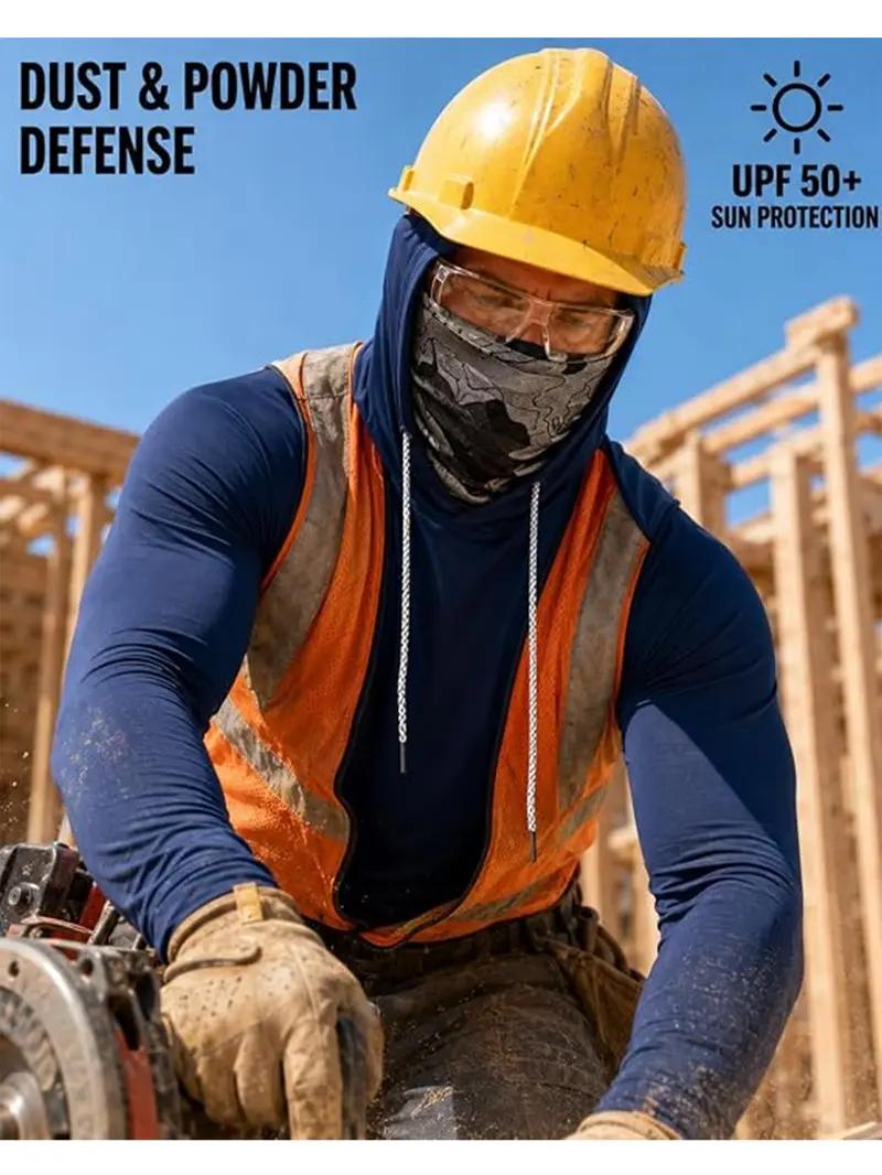 Men's 6-Pack Plain All-Season Polyester Sun Protection Long Sleeve Hooded Shirts - 4-Way Stretch Quick Dry Compression Fit Work Shirts with Built-in Face Mask & Neck Gaiter, UV Protection for Fishing, Outdoor Work