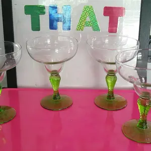 Vintage Festive Green Hammered Stem Margarita/ Cocktail Glasses - Set of (4)