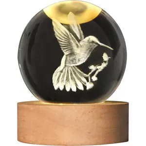 3D Laser Engraved Bird Crystal Ball with LED Stand, 60mm Hummingbird Figurine Lamp Night Light, Glass Hummingbird Globe Paperweight Gift