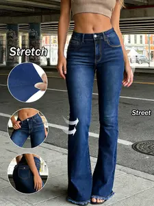 Women's Elastic Straight Leg Denim Jeans, Slim Fit Casual Style, Natural Waist, Button Fly, Pockets, All Seasons, Long Regular Length