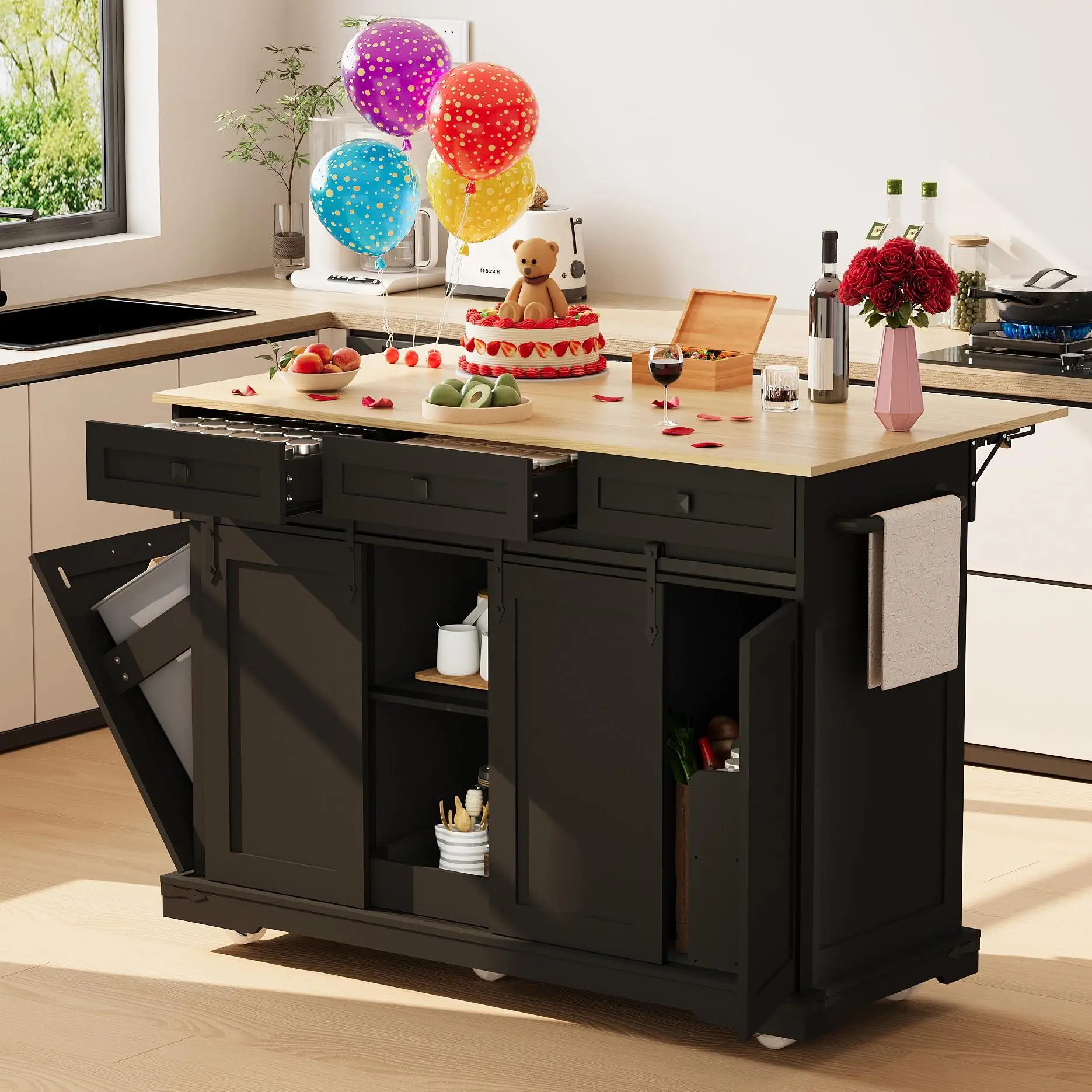 Gaomon 54 in Rectangular Kitchen Island with Drop Leaf, Power Outlet and Caster Wheels, Black