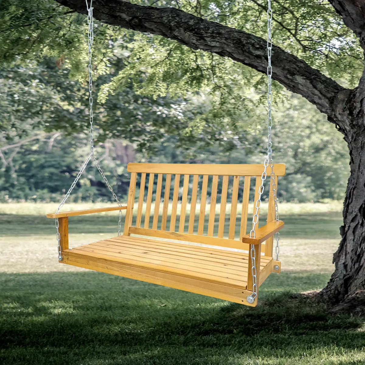 Traditional Teak Wood Patio Swing with Armrests, Hanging Chains, 800 lbs Weight Capacity, Waterproof, Corrosion-Resistant, Easy Assembly Required, Classic Outdoor Furniture for Porch, Garden