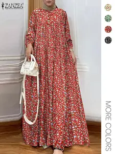 Women's Ditsy Floral Dress, Round Neck Long Sleeve Ruched Design, Random Print Half Button, Casual Loose Fit for All Seasons, Modest Muslim Dress