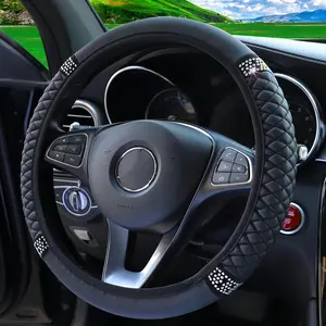 Leather Embroidery Colorful Rhinestone Car Interior Steering Wheel Cover, Multipurpose Non-slip Car Steering Wheel Protector, Universal Car Steering Wheel Cover for 14.5-15 Inch Steering Wheel Vehicle