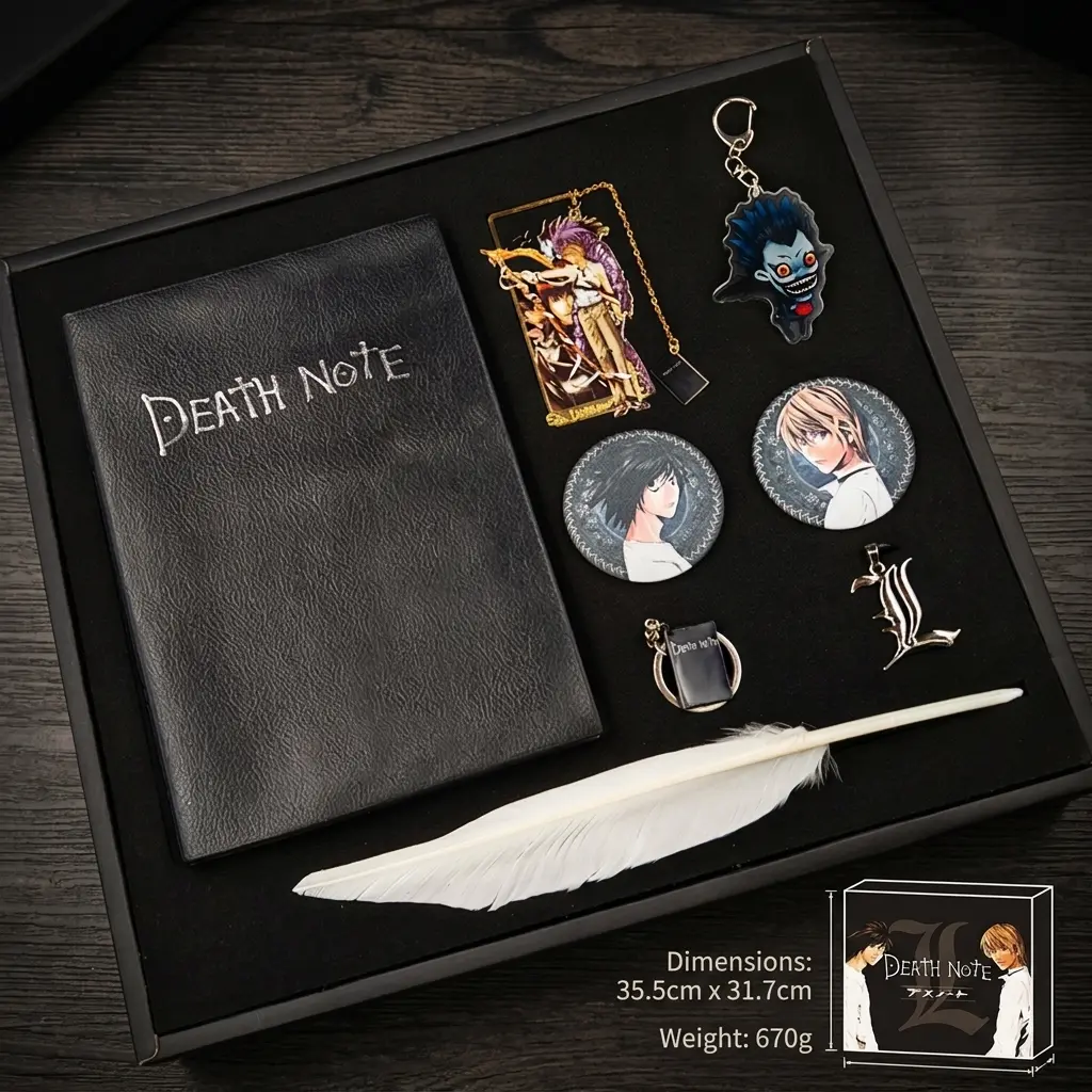Death Note Anime Gift Box Set, 2PC/8PC Notebook with Feather Pen, Keychain, Badge & Charms for Fans Light Yagami L Lawliet