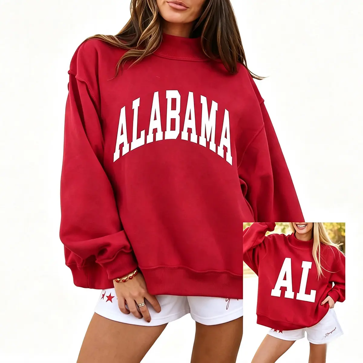 Mntaor Women's Crimson Alabama Reversible Pullover Sweatshirt - High Neck, Double-Sided AL & State Name Print, Oversized Baggy Fit, Womenswear for College Football Saturdays, Stadium Spirit Wear Comfort