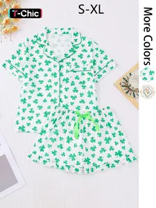 Women's All Over Print Crop Top & Shorts Pyjama Two-piece Set, Casual Comfy Short Sleeve Lapel Neckline Top & Shorts PJ Set, Ladies Sleepwear for Summer, Pajama Set