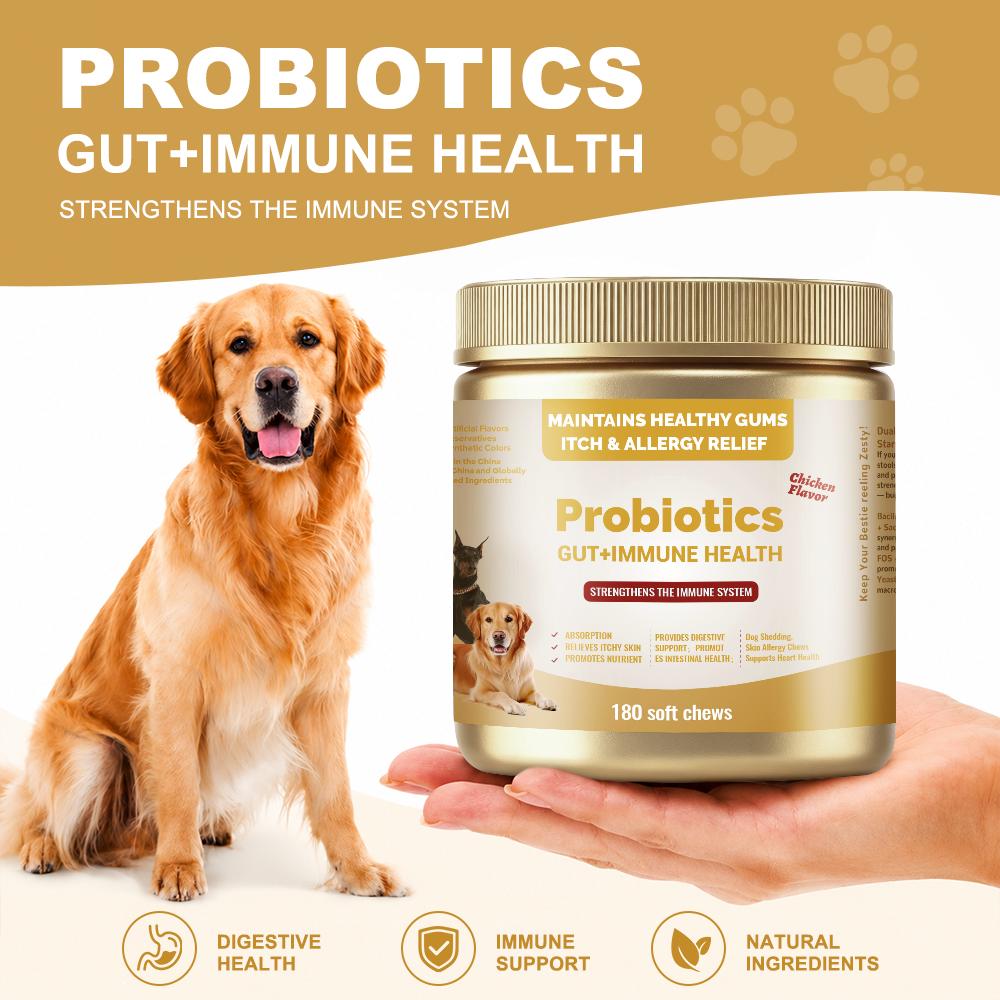 Dog Probiotic Palatable Chews - 180 Multi-Strains Soft Chews with Cod Fish, MCT Oil, GOS, Pumpkin & Chicken Flavor - Supports Immune Boost, Skin & Coat Health, Digestive Balance - For All Breeds Senior Dogs - 24 Months Shelf Life