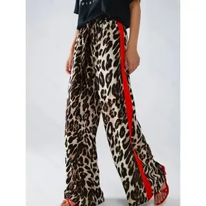 Dongdong shop Women's Leopard Print Wide Leg Pants, 100% Polyester Elastic Waistband, No Pockets, All-Season Woven Trousers, Ladies Pants