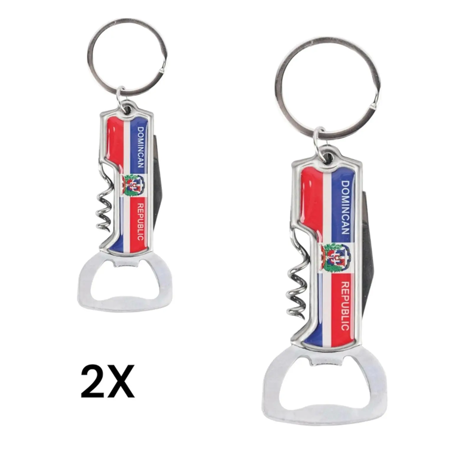 2x Multifunctional Bottle Opener Keychain Corkscrew Keyring Dominican Republic Flag Design
