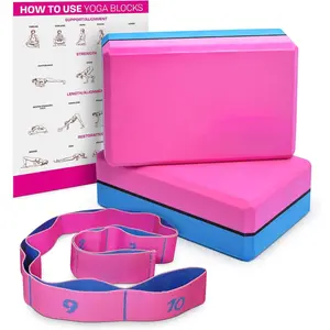 Yoga Blocks 2 Pack Set with Dance Stretch Band & Guide: Non-Slip EVA Foam Block - Ideal Stretching Equipment for Home Workouts, Pilates, Dance
