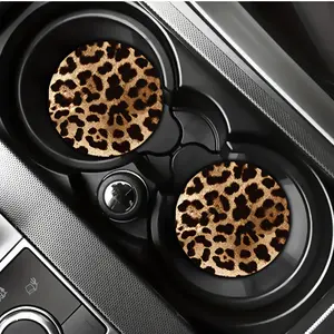 2pcs Brown Leopard Print Car Coasters - Suitable for Vehicles and Home Office Desks, Durable Synthetic Rubber, Universal, Interior Accessorie