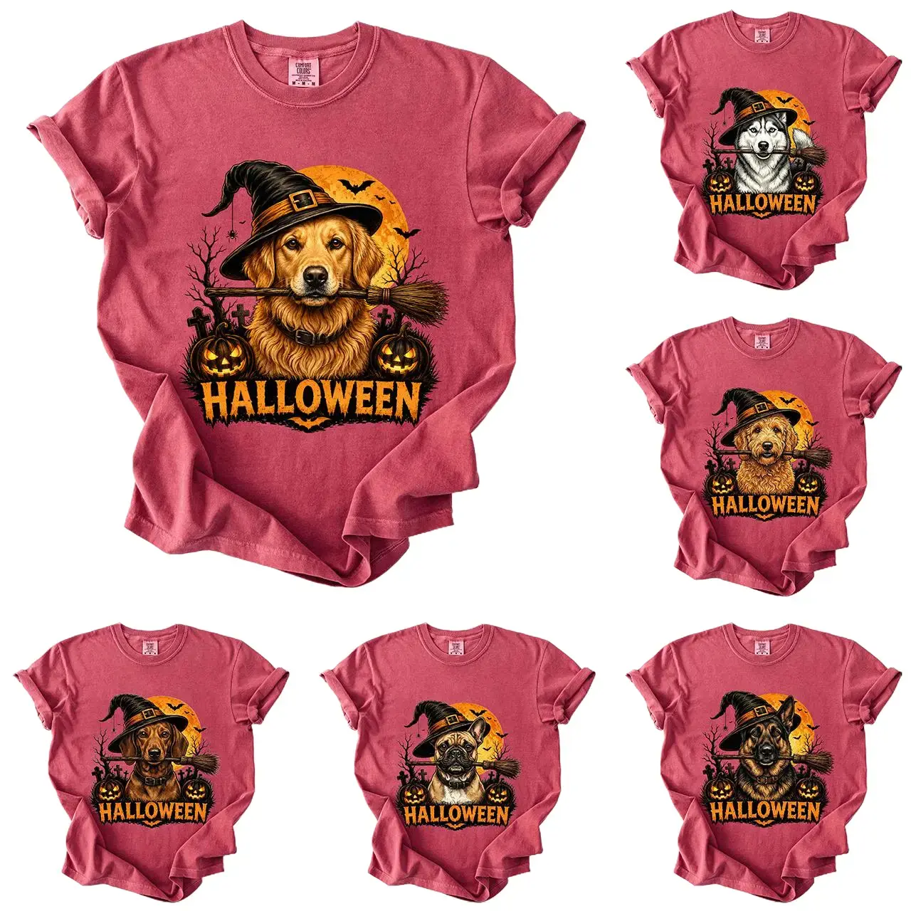 Comfort Colors 50+ Dog Breeds Halloween Dog Shirt,  Dog Breeds Available Witch Hat Pumpkin Tee, Golden Retriever Husky Frenchie Dachshund German Shepherd Graphic Shirt, Spooky Dog Mom Dog Lover Gift, Halloween Shirt, Gift for Dog Lovers