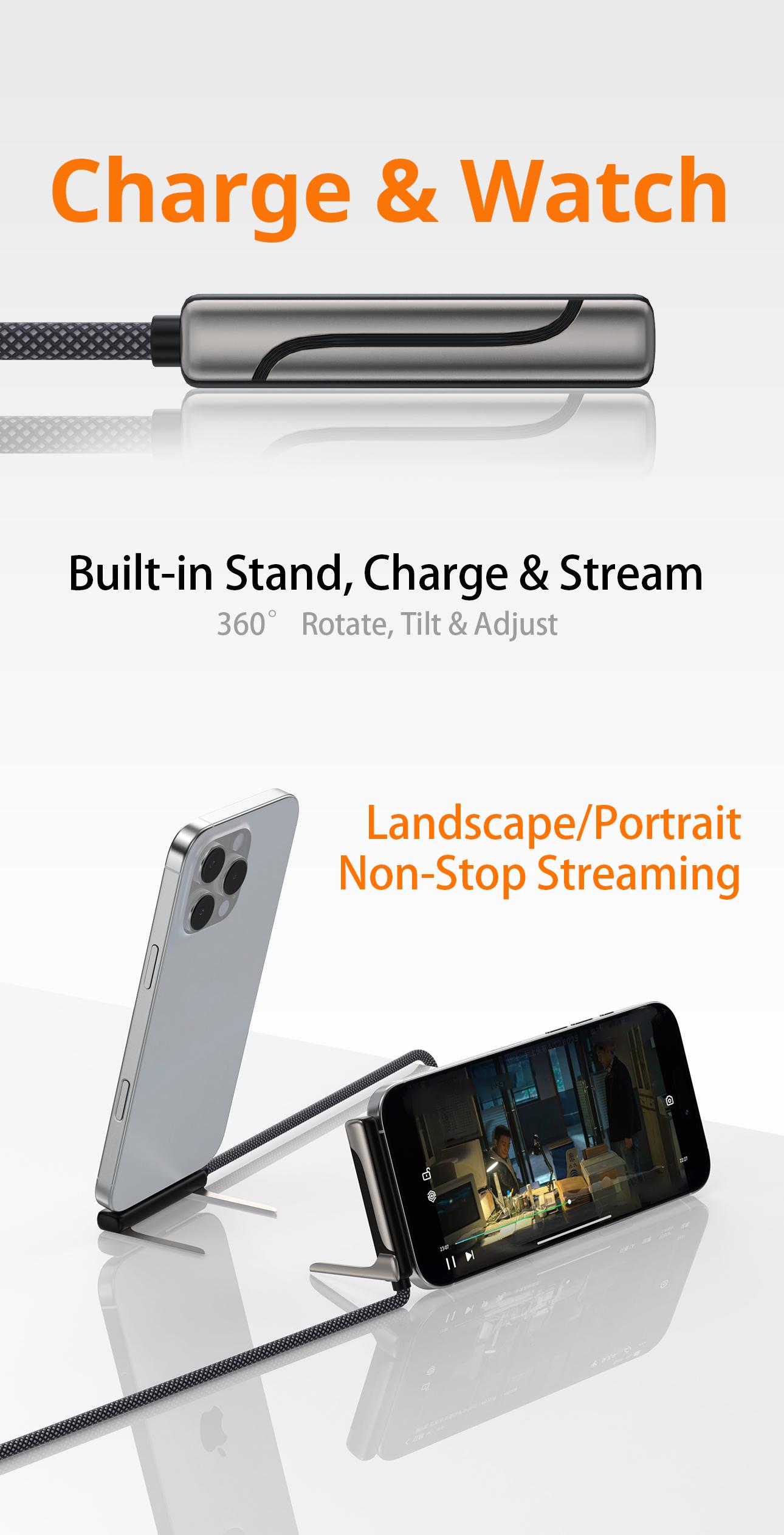 6.6 ft invisible charging cable with hidden stand, compatible with iPhone 15/16/17. Combines charging cable and phone stand into one, supports 45W super fast charging, ideal for gaming, work, and car travel; Samsung Type‑C fast charging cable, black, 3.3