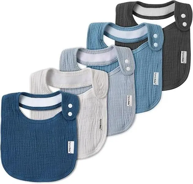 Baby Cloth Bibs 5-Pack Neutral Muslin Bandana Bibs, Soft Comfortable Baby Items with Secure Adjustable Snaps, for Drooling & Teething (Ages 0-3 Years), Tumble Dry Low, Do Not Iron, Side-Snap Design, Wet, Skin-Friendly, Machine Washable, Great Baby Gift