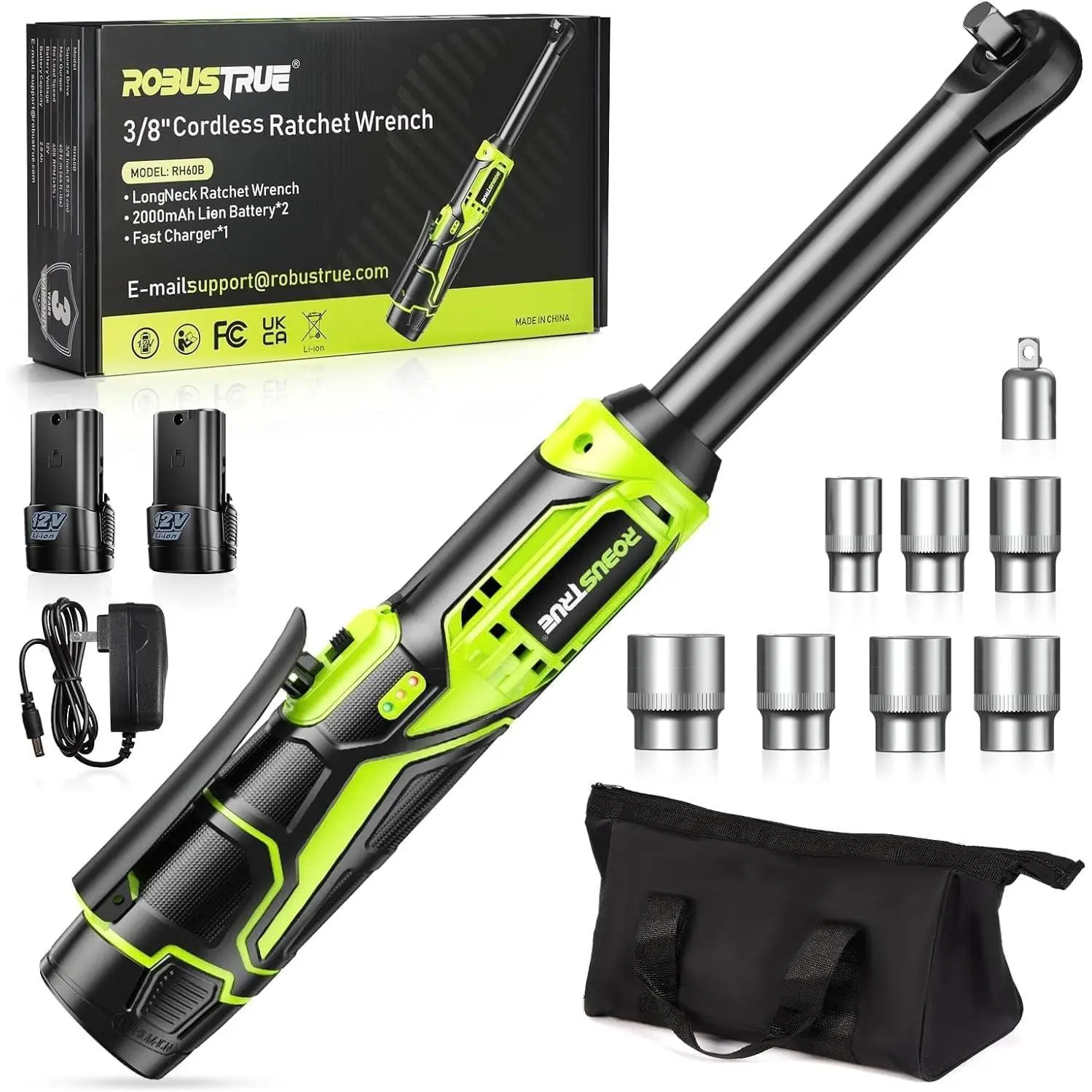 3/8" Cordless Ratchet Wrench, 6-inch Extended Ratchet Wrench, 40Ft-lbs 400RPM Cordless Ratchet, 2 Batteries Power Electric Ratchet Driver with Variable Speed, 7 Sockets, LED Light