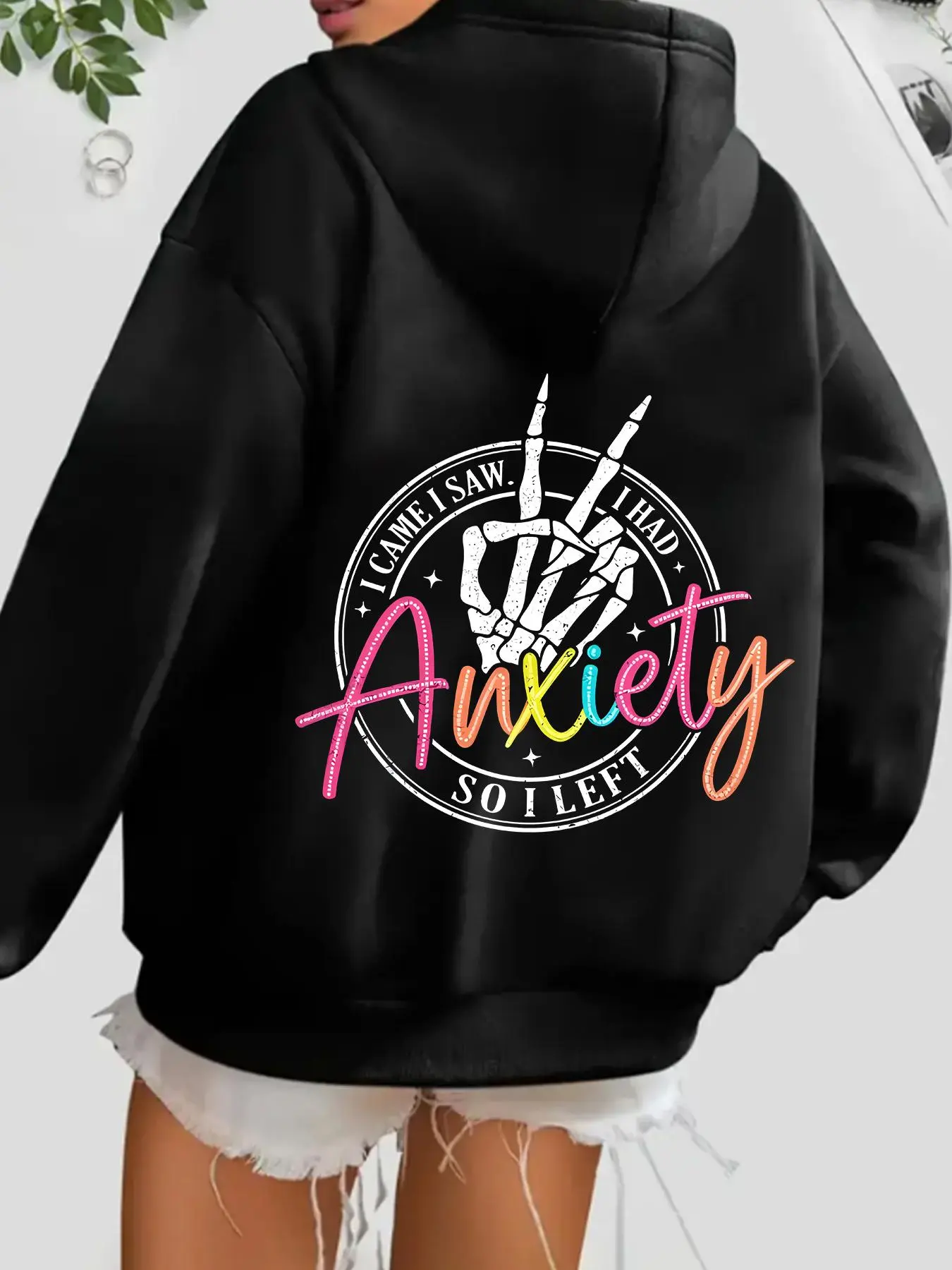 【Plus Size】 Anxiety Print Drawstring Hoodie, Fashion Casual Hooded Sweatshirt for Daily Holiday Outdoor Wear, Women Plus Clothing for Fall & Winter, Tops