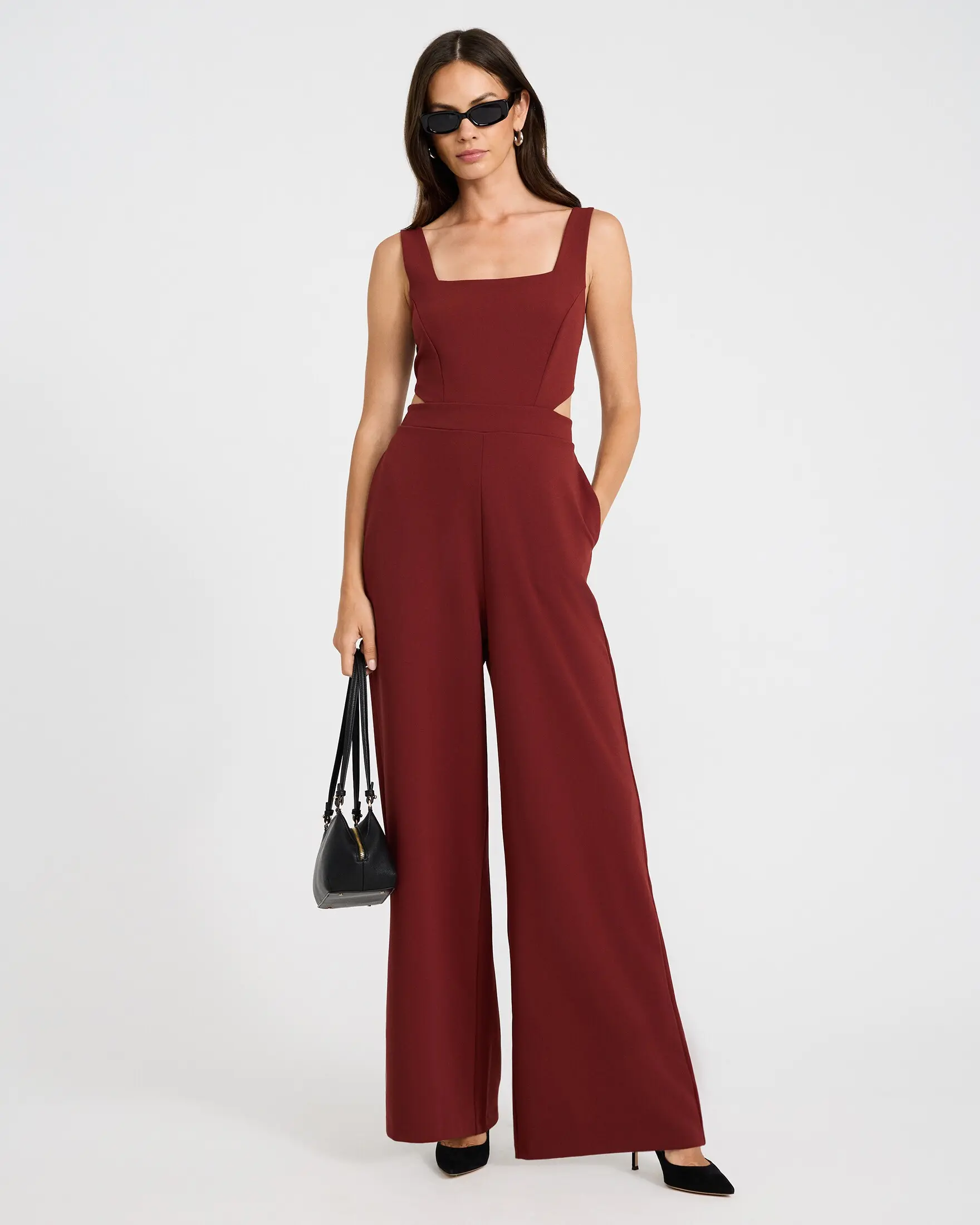 Express Crepe Square Neck Cutout Wide Leg Jumpsuit with Pockets