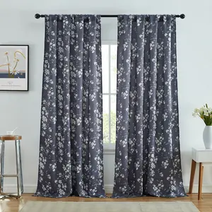 HLC.ME Ashley Floral Patterned Window Rod Pocket Curtains - Light Blocking Darkening Window Panels, Set of 2 - Charcoal Grey, 52 W x 96 L