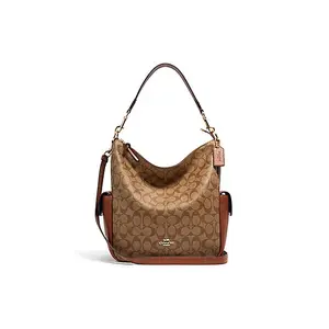 COACH Pennie 27 Classic Monogram Large Capacity Leather-Trimmed Coated Canvas Bucket Bag for Women in Khaki