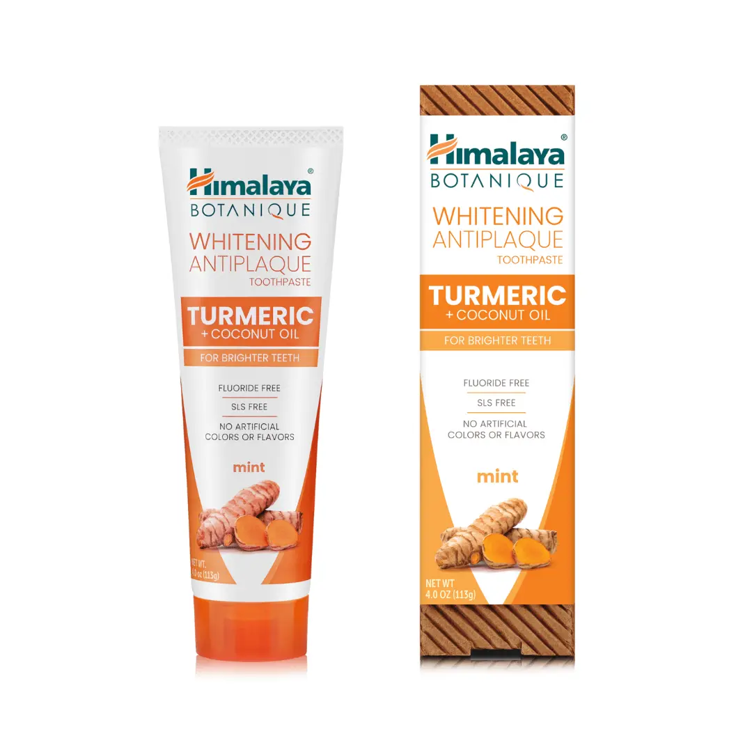 Himalaya Botanique Whitening Antiplaque Toothpaste with Turmeric & Coconut Oil, for Brighter Teeth, Fluoride & SLS Free, Vegan, Mint, 4 oz